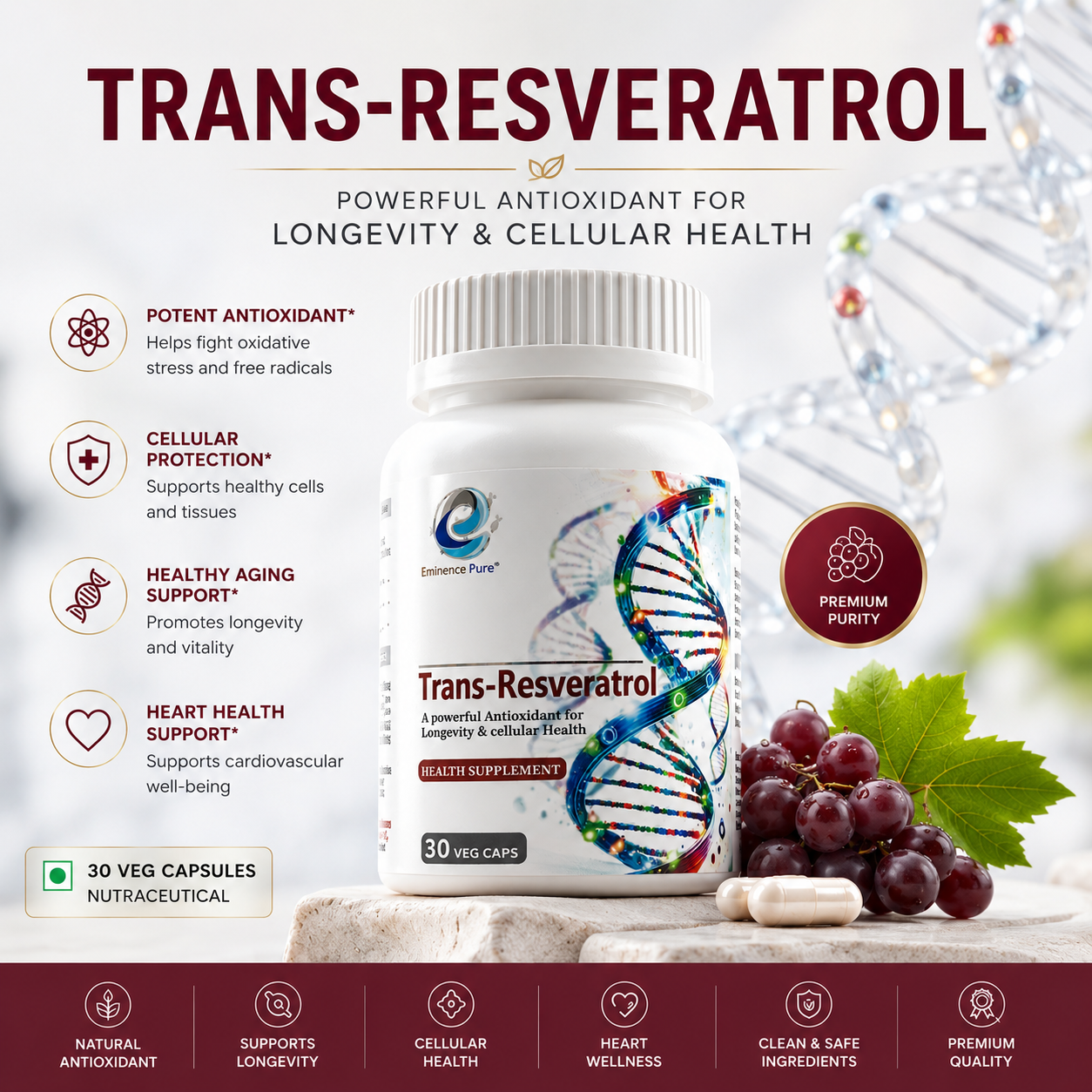 Eminence Pure Trans-Resveratrol 500mg | 98% Pure Extract | Cellular Health & Longevity Support | 30 Veg Capsules