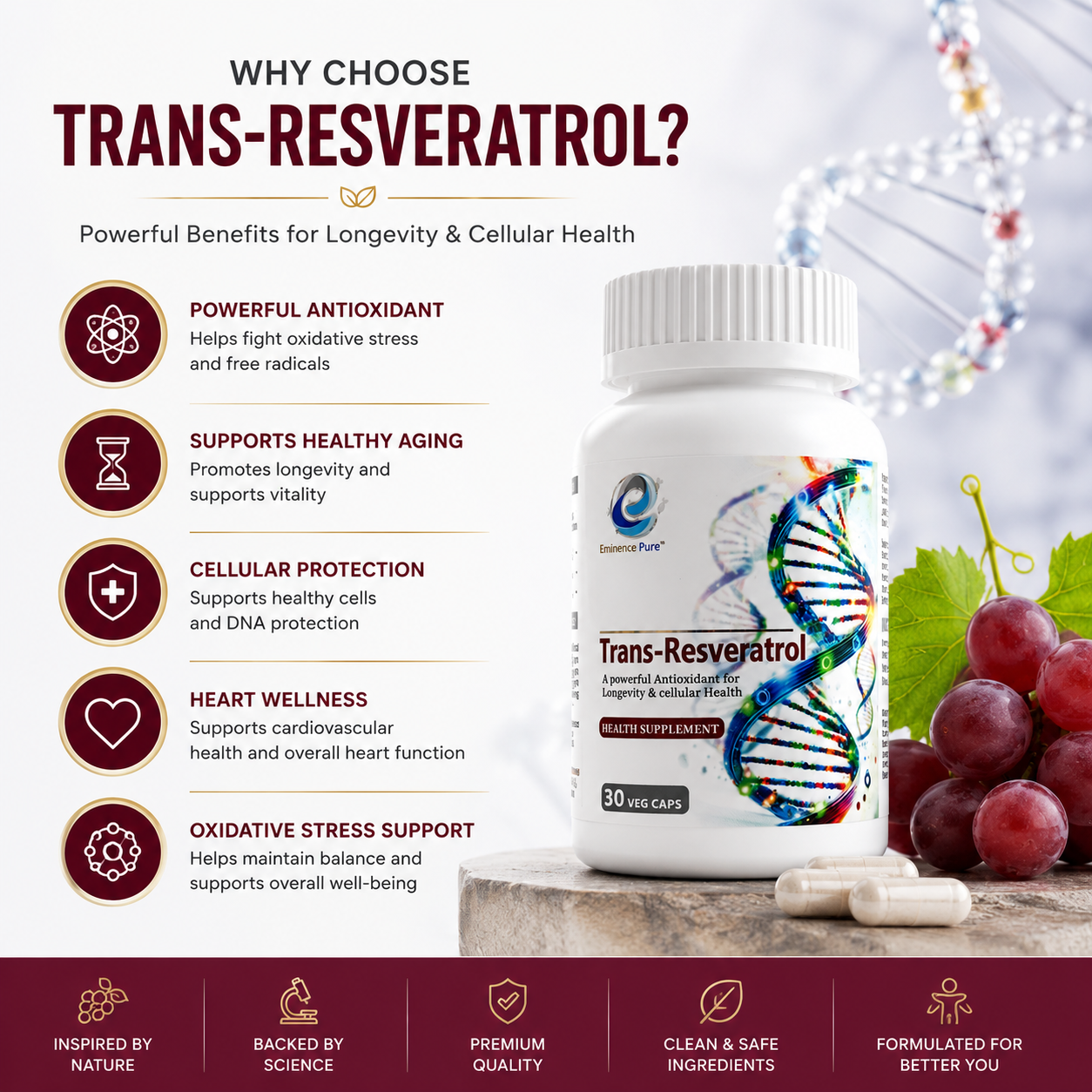 Eminence Pure Trans-Resveratrol 500mg | 98% Pure Extract | Cellular Health & Longevity Support | 30 Veg Capsules
