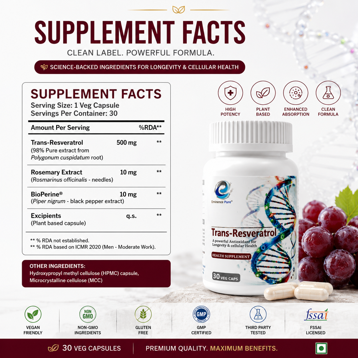 Eminence Pure Trans-Resveratrol 500mg | 98% Pure Extract | Cellular Health & Longevity Support | 30 Veg Capsules
